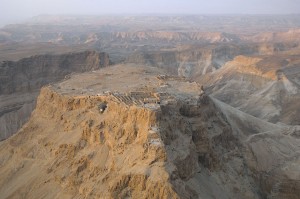 Atop the peak of Masada lie the ruins of an ancient Jewish fortress.