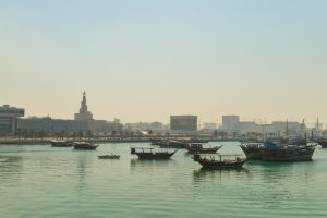 Traditional dhow ships on the waterfront of old Doha, February 2014.