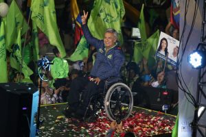 Moreno greets a crowd in Ibarra, Ecuador, at a campaign rally in March 2017.