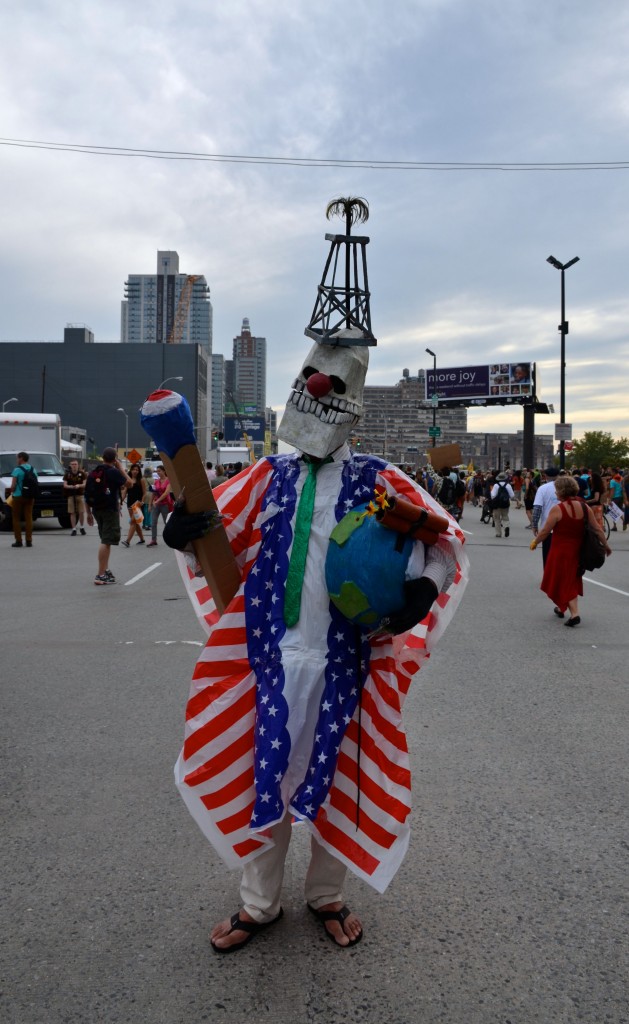 A man dressed as a skeletal American flag.