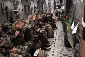 French troops in a USAF C-17, preparing for a flight to Mali.