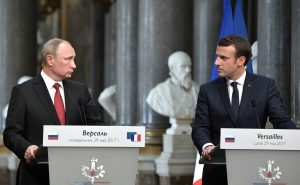 Macron and Vladimir Putin at a joint news conference, May 2017.