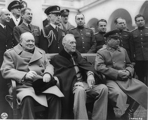 Winston Churchill, Franklin Roosevelt, and Joseph Stalin at the Yalta conference, 1945.